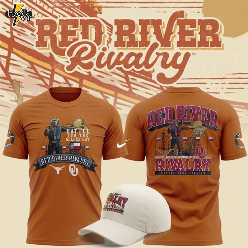 Men's Champion Texas Orange Texas Longhorns vs. Oklahoma Sooners Red River Rivalry Big Tex Battle For The Golden Hat T-Shirt Men's Champion Texas Orange Texas Longhorns vs. Oklahoma Sooners Red River Rivalry Big Tex Battle For The Golden Hat T-Shirt