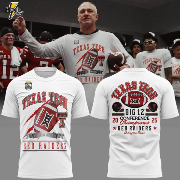 New Era White Texas Tech Red Raiders 2025 Big 12 Football Champions Locker Room T-Shirt