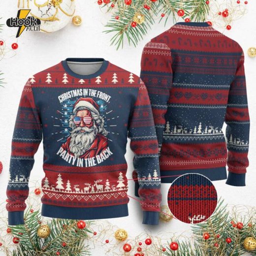 Christmas in the Front Party in the Back Patriotic Santa Ugly Sweater