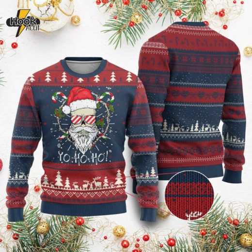 Cool Santa Ugly Christmas Sweater – Yo Ho Ho Skull Beard Sunglasses Design