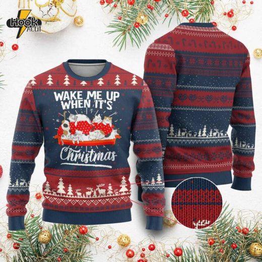 Cute Cat Wake Me Up When It’s Christmas Ugly Sweater – Chillin’ Holiday Style