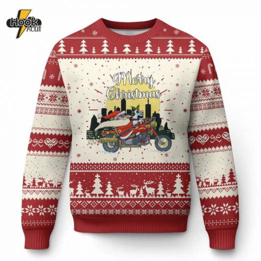 Funny Santa Riding Motorcycle Ugly Christmas Sweater for Biker Fans