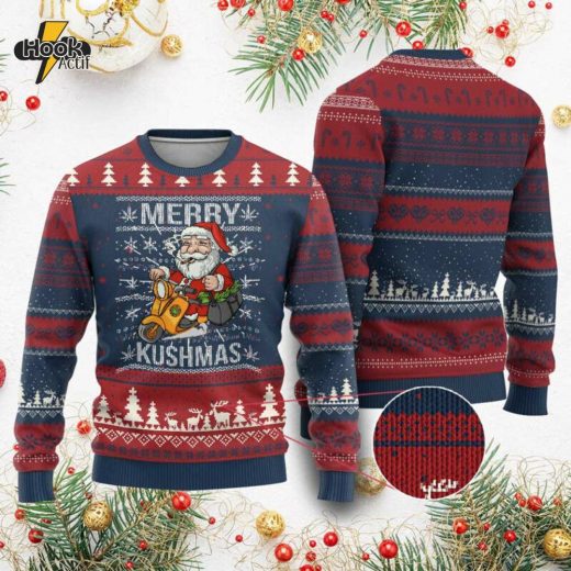 Merry Kushmas Ugly Christmas Sweater – Santa Smoking Cannabis Weed 420 Xmas