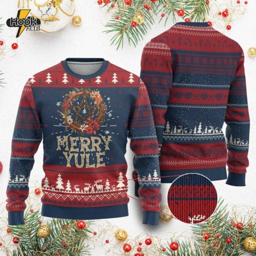 Merry Yule Winter Solstice Ugly Christmas Sweater – Pentagram Flower Wreath