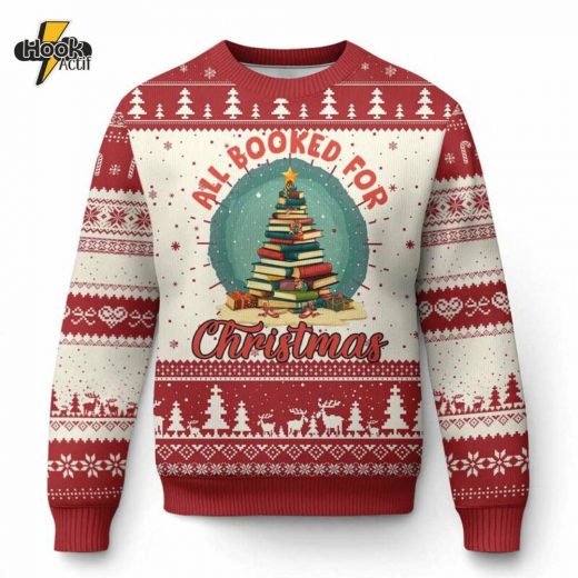 Xmas Book Lover Ugly Christmas Sweater – All Booked for Christmas Tree Design