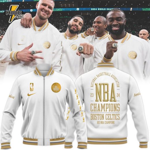 White/Gold Boston Celtics 2024 NBA Finals Champions Banner Collection Authentic Showtime Jacket