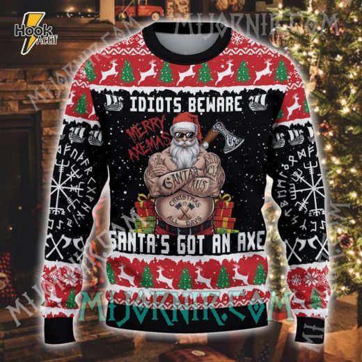 Axemas Viking Santa Ugly Christmas Sweater – Warrior Santa Holiday Knit