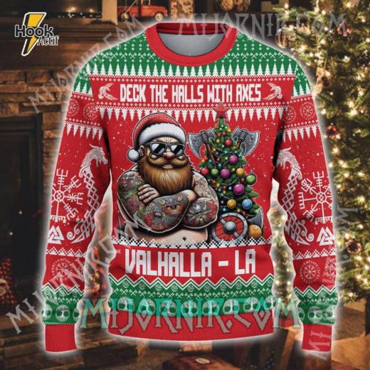 Axes Deck the Halls Viking Ugly Christmas Sweater – Festive Warrior Vibe