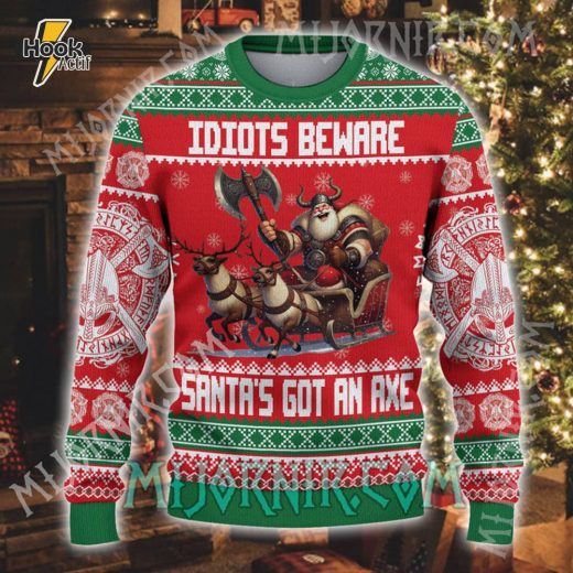 Beware Idiots – Viking Christmas Sweater – Legendary Holiday Warrior Knit