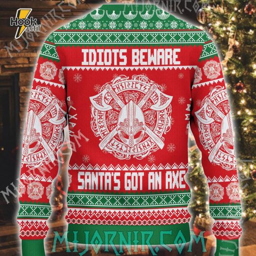 Beware Idiots – Viking Christmas Sweater – Legendary Holiday Warrior Knit