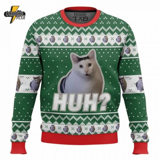 Cat Meme “Huh?” Christmas Sweater – Cute & Funny Holiday Sweater for Cat Lovers