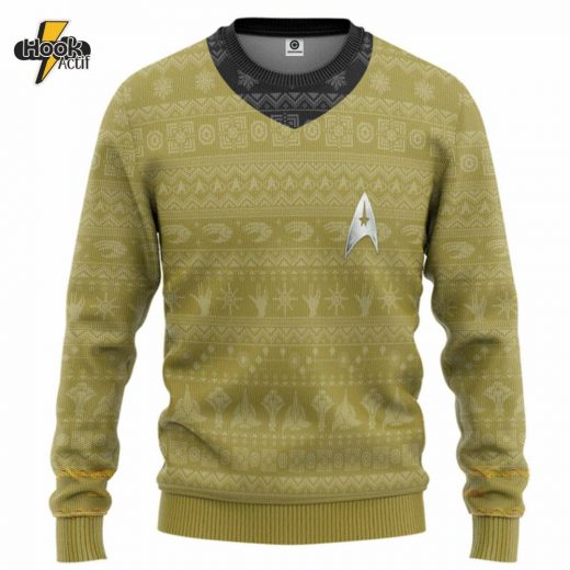 Retro Star Trek 3D Original Series Yellow Ugly Sweater – Perfect for Sci-Fi Lovers