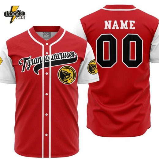 Hookactif 3D Printed Personalized Tyrannosauruses Red Power Rangers Men’s Short Sleeve Anime Baseball Jersey – Custom Power Rangers Tyrannosaurus Jersey