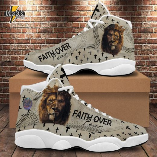 Teesdily | Jesus Faith Over Fear Running Shoes Unisex, Jesus Lion Of Judah Basketball Shoes, Christian Cross Gift For God Lovers