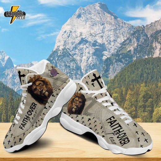 Teesdily | Jesus Faith Over Fear Running Shoes Unisex, Jesus Lion Of Judah Basketball Shoes, Christian Cross Gift For God Lovers