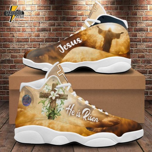 Teesdily | Jesus He Is Risen Basketball Shoes, Christian Lily Cross Running Shoes, God Prayers Footwear Unisex, Religious Gift