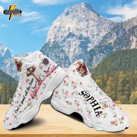 Teesdily | Personalized Jesus Rose Butterfly Basketball Shoes, God Is Good All The Time Running Shoes, Christ Cross Religious Gift