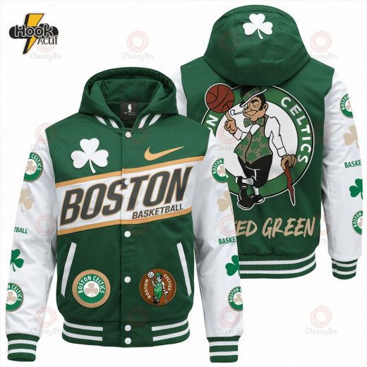 Green & White Boston Team Basketball Hooded Varsity Jacket