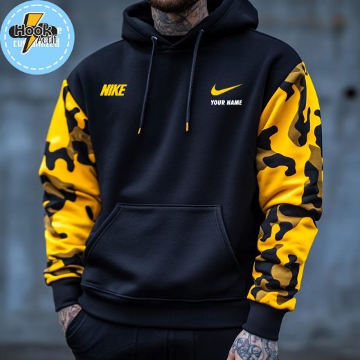 Custom Name Black & Yellow Camo Sleeve Hoodie – Personalized Pullover