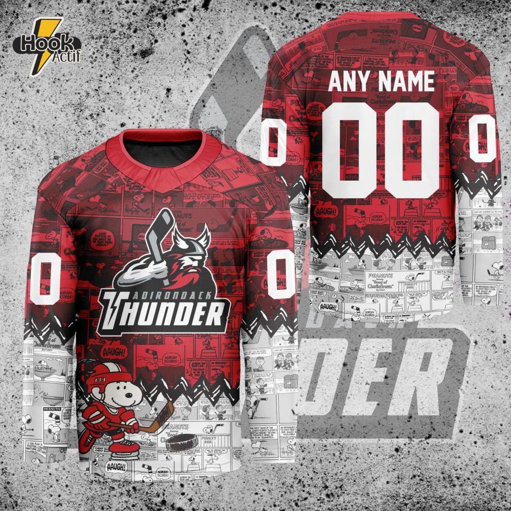 ECHL Adirondack Thunder Peanuts 75th Anniversary Premium Hockey Jersey ECHL Adirondack Thunder Peanuts 75th Anniversary Premium Hockey Jersey