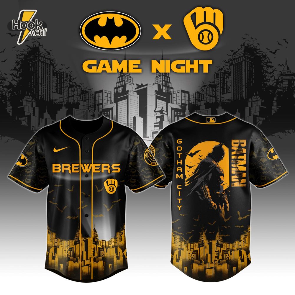 Milwaukee Brewers x DC Batman Game Night Special Baseball Jersey Milwaukee Brewers x DC Batman Game Night Special Baseball Jersey
