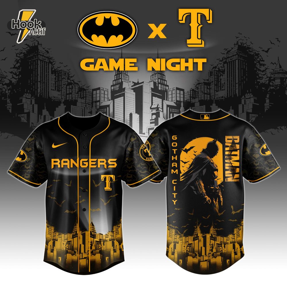 Texas Rangers x DC Batman Game Night Special Baseball Jersey Texas Rangers x DC Batman Game Night Special Baseball Jersey