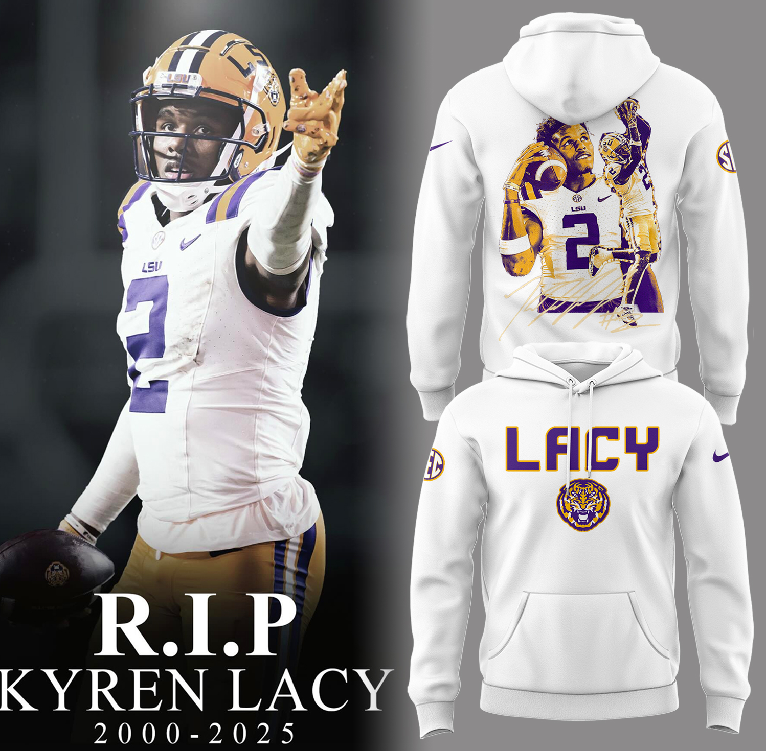 LSU Tigers Football RIP Lacy White Limited Hoodie Set LSU Tigers Football RIP Lacy White Limited Hoodie Set