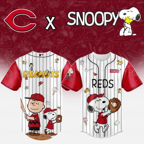 Cincinnati Reds MLB 75th Anniversary of Peanuts Snoopy Special Edition Combo Baseball Jersey Cap 2025