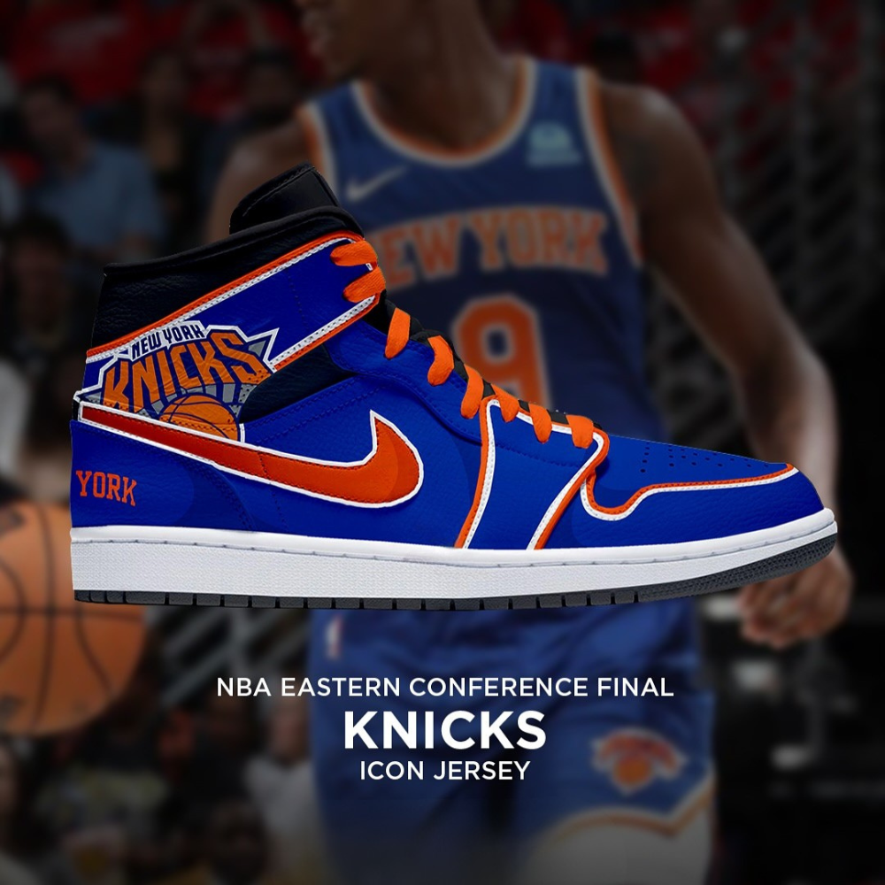 New York Knicks NBA Eastern Conference Final Icon Jersey Air Jordan 1 Sneaker New York Knicks NBA Eastern Conference Final Icon Jersey Air Jordan 1 Sneaker