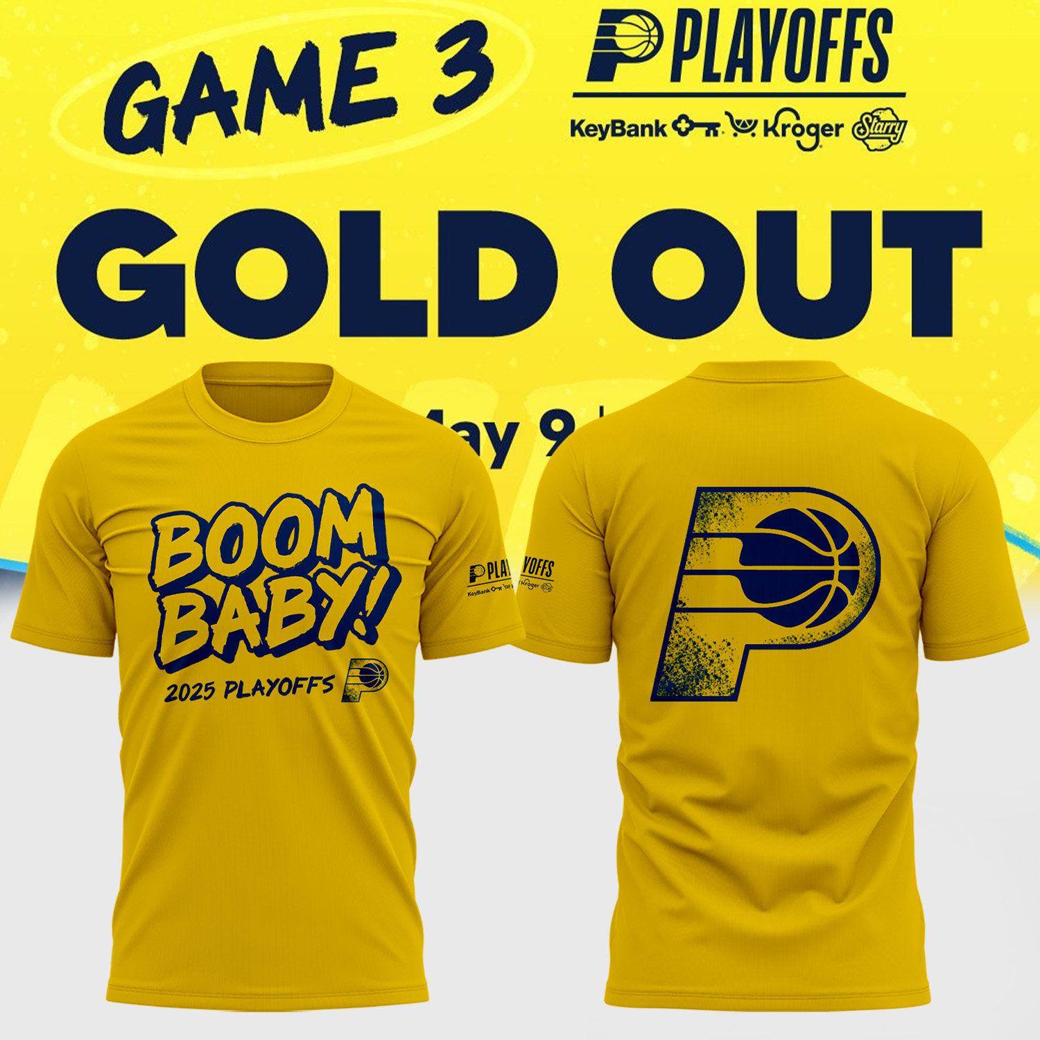 Indiana Pacers Boom Baby GOLD OUT Special Tee Indiana Pacers Boom Baby GOLD OUT Special Tee