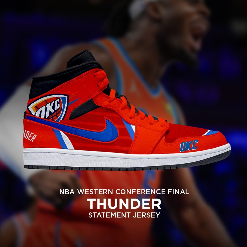 Oklahoma City Thunder NBA Eastern Conference Final Statement Jersey Air Jordan 1 Sneaker Oklahoma City Thunder NBA Eastern Conference Final Statement Jersey Air Jordan 1 Sneaker