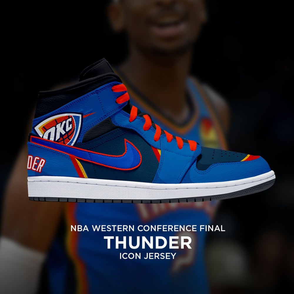 Oklahoma City Thunder NBA Eastern Conference Final Icon Jersey Air Jordan 1 Sneaker Oklahoma City Thunder NBA Eastern Conference Final Icon Jersey Air Jordan 1 Sneaker