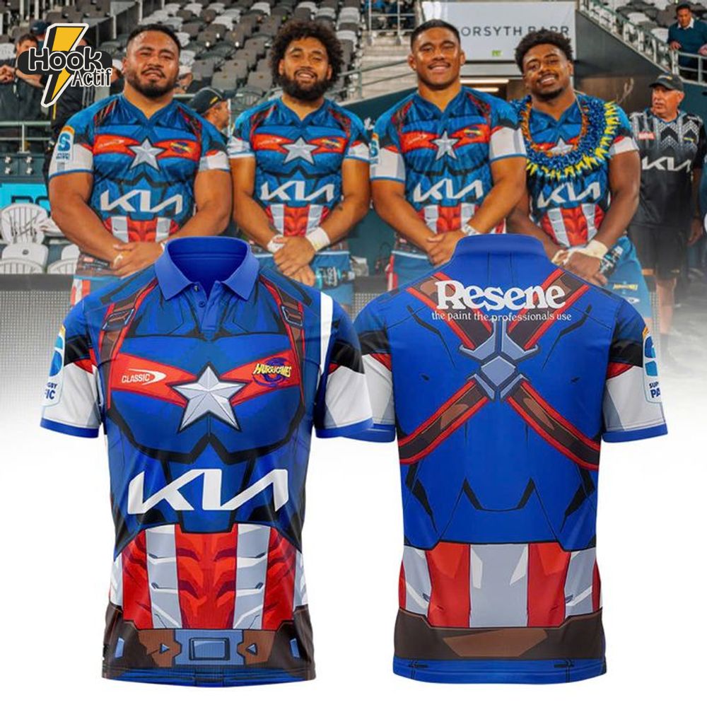 Hurricanes Rugby Union X Captain America Polo Shirt 2025 Hurricanes Rugby Union X Captain America Polo Shirt 2025