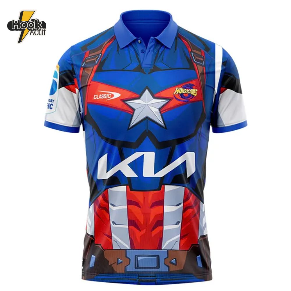 Hurricanes Rugby Union X Captain America Polo Shirt 2025 Hurricanes Rugby Union X Captain America Polo Shirt 2025