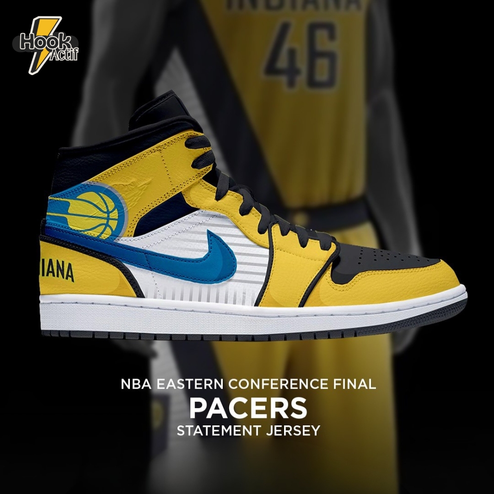 Indiana Pacers NBA Eastern Conference Final Statement Jersey Air Jordan 1 Sneaker Indiana Pacers NBA Eastern Conference Final Statement Jersey Air Jordan 1 Sneaker