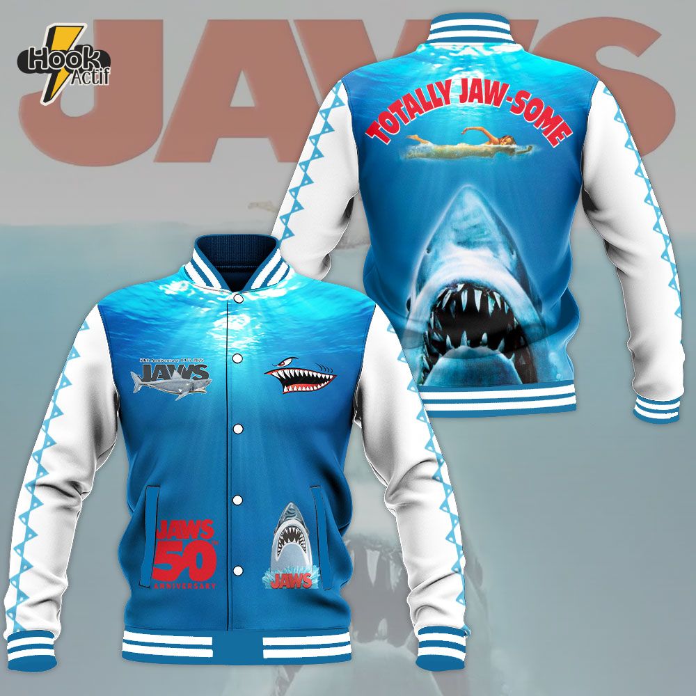 Jaws 50th Anniversary Totally Jaw-some Baseball Jacket Jaws 50th Anniversary Totally Jaw-some Baseball Jacket