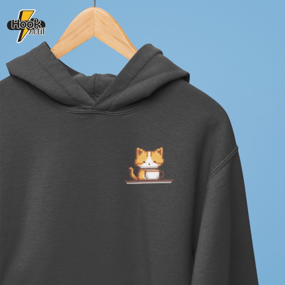 Kitty Coffee Pixel Pocket Style Hoodie Kitty Coffee Pixel Pocket Style Hoodie