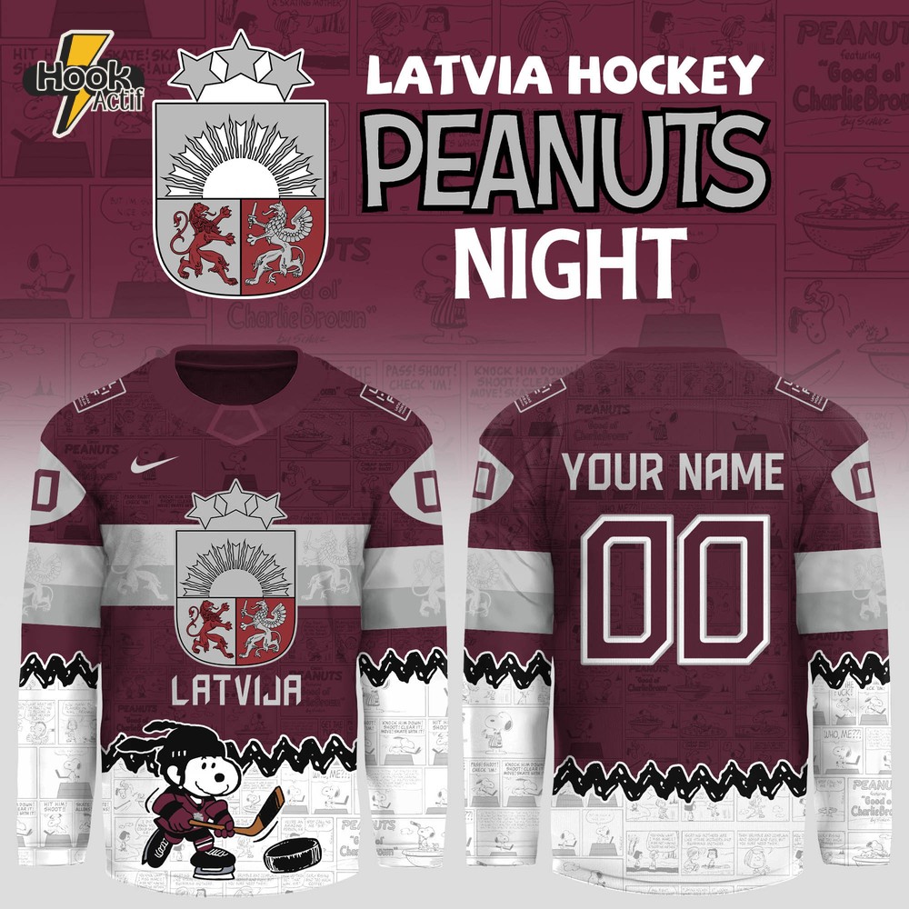 Latvia Hockey x Peanuts Night Personalized Hockey Jersey Latvia Hockey x Peanuts Night Personalized Hockey Jersey