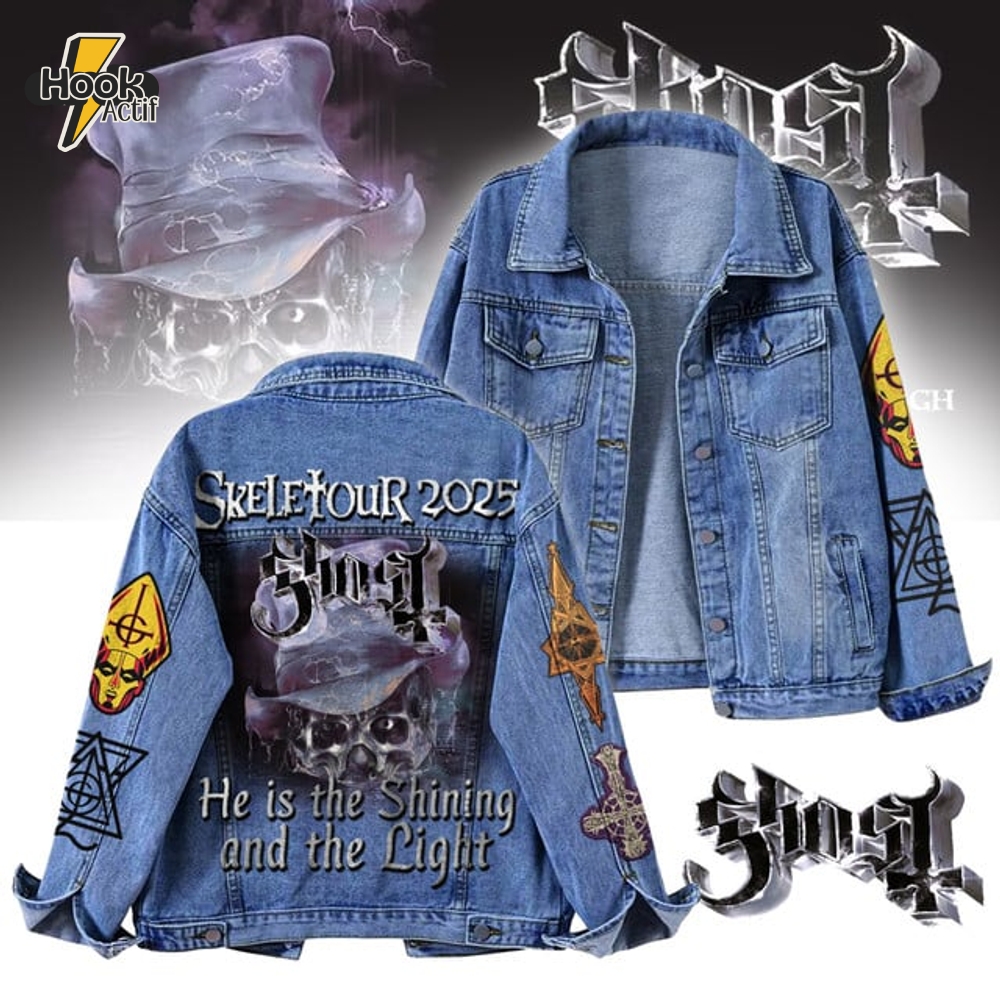 Skeletour 2025 Ghost He Is The Shining And The Light Denim Jacket Limited Edition Skeletour 2025 Ghost He Is The Shining And The Light Denim Jacket Limited Edition