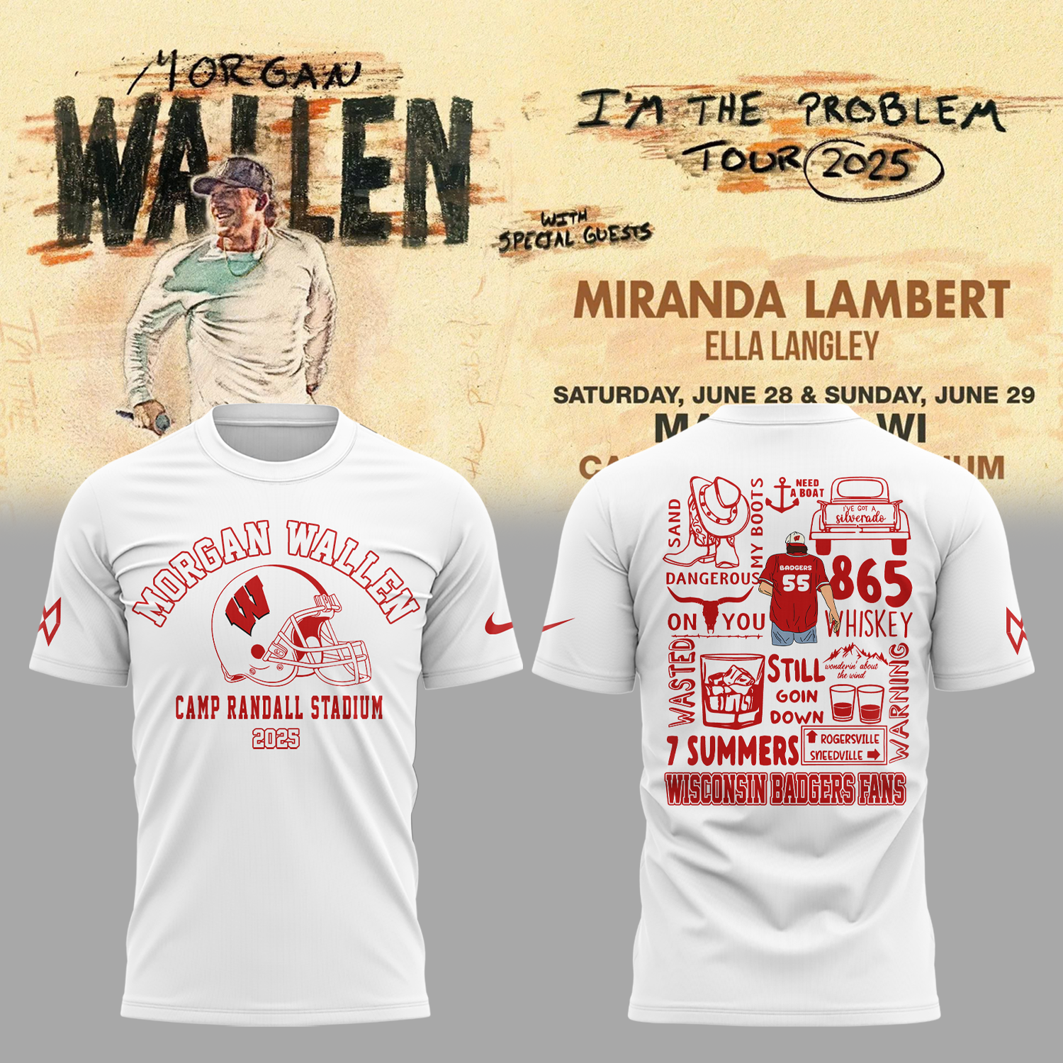 Wisconsin Badgers x Morgan Wallen "I'm the Problem Tour 2025" Special White Tee Wisconsin Badgers x Morgan Wallen "I'm the Problem Tour 2025" Special White Tee