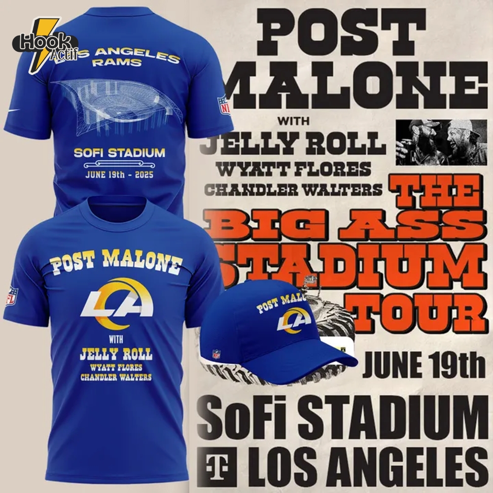 Los Angeles Rams x Post Malone The Big Ass Stadium Tour 2025 Special Blue Shirt Los Angeles Rams x Post Malone The Big Ass Stadium Tour 2025 Special Blue Shirt