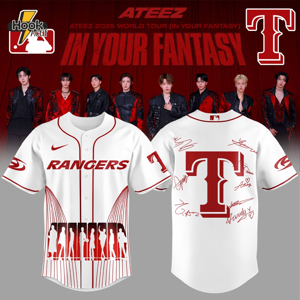 Texas Rangers x Ateez 2025 World Tour In Your Fantasy White Baseball Jersey Texas Rangers x Ateez 2025 World Tour In Your Fantasy White Baseball Jersey