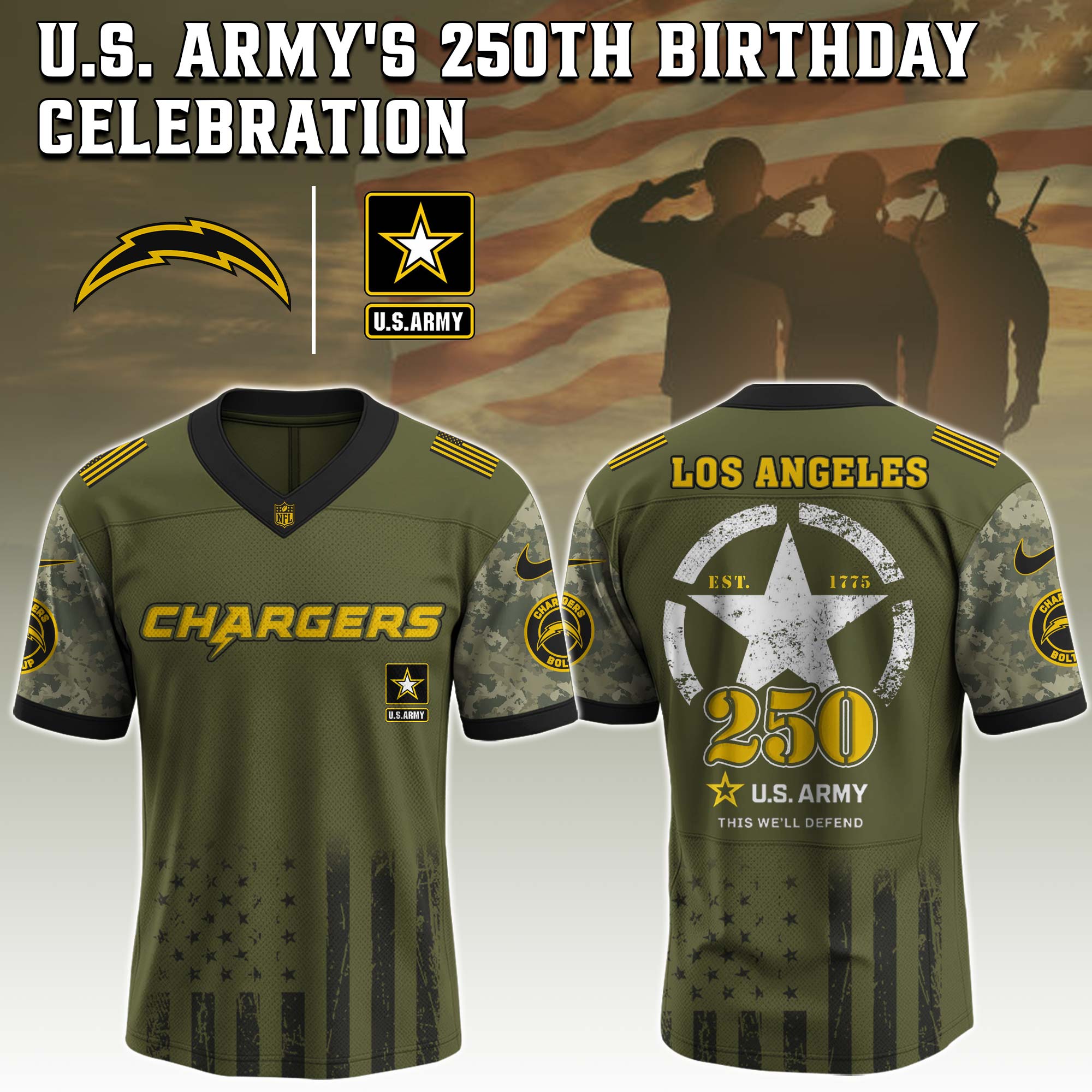 Los Angeles Chargers NFL x U.S. Army 250th Birthday Celebration Jersey Los Angeles Chargers NFL x U.S. Army 250th Birthday Celebration Jersey