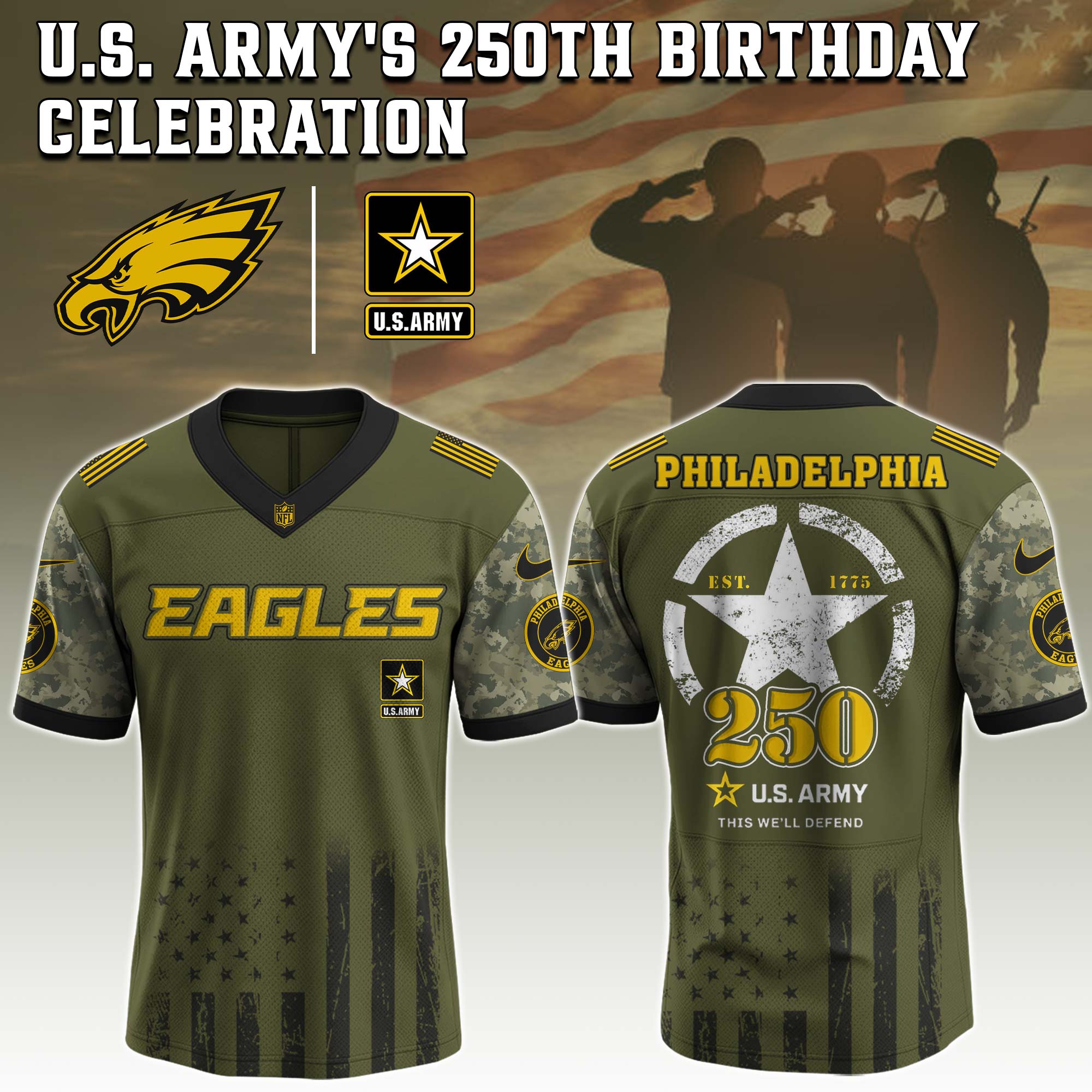 Philadelphia Eagles NFL x U.S. Army 250th Birthday Celebration Jersey Philadelphia Eagles NFL x U.S. Army 250th Birthday Celebration Jersey