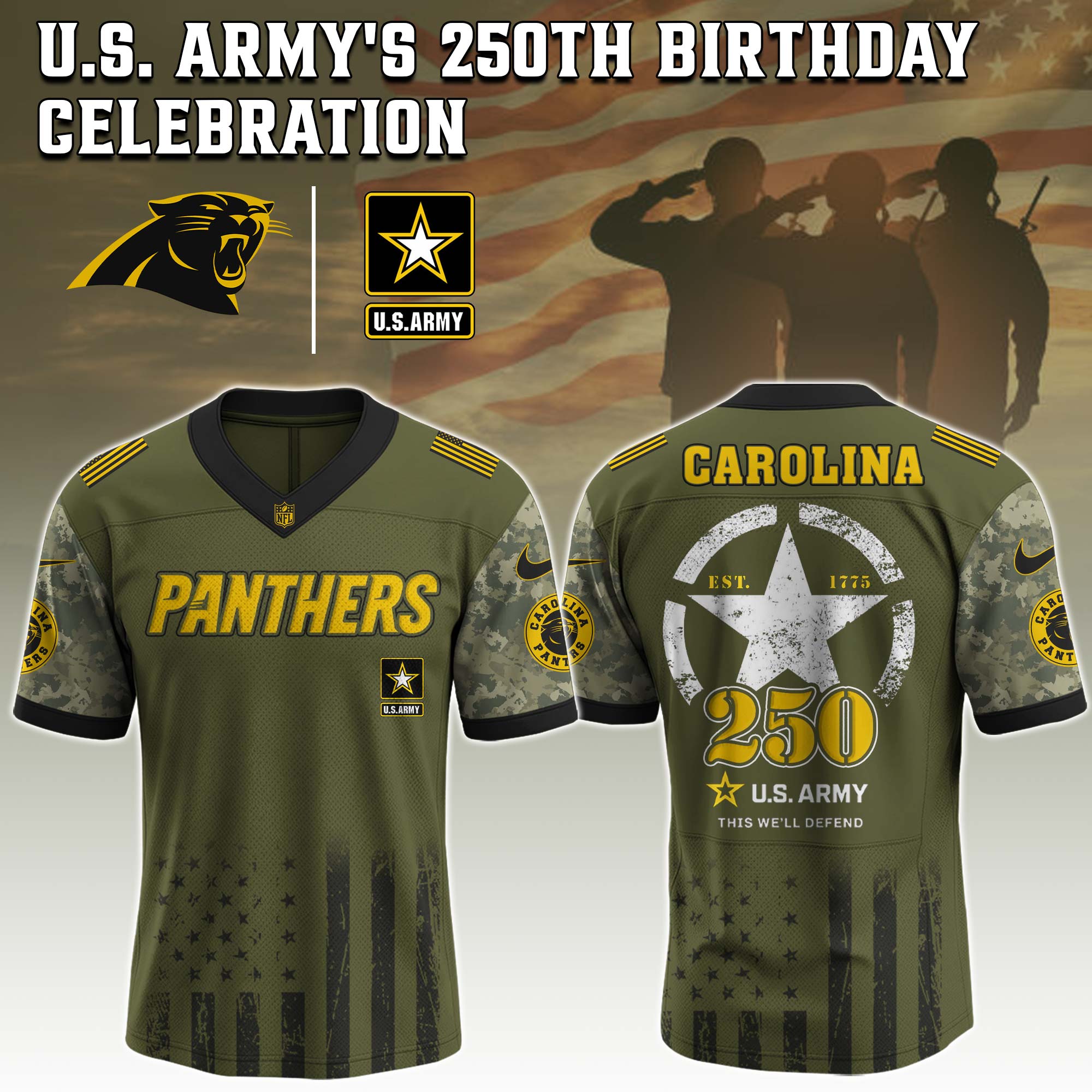 Carolina Panthers NFL x U.S. Army 250th Birthday Celebration Jersey Carolina Panthers NFL x U.S. Army 250th Birthday Celebration Jersey