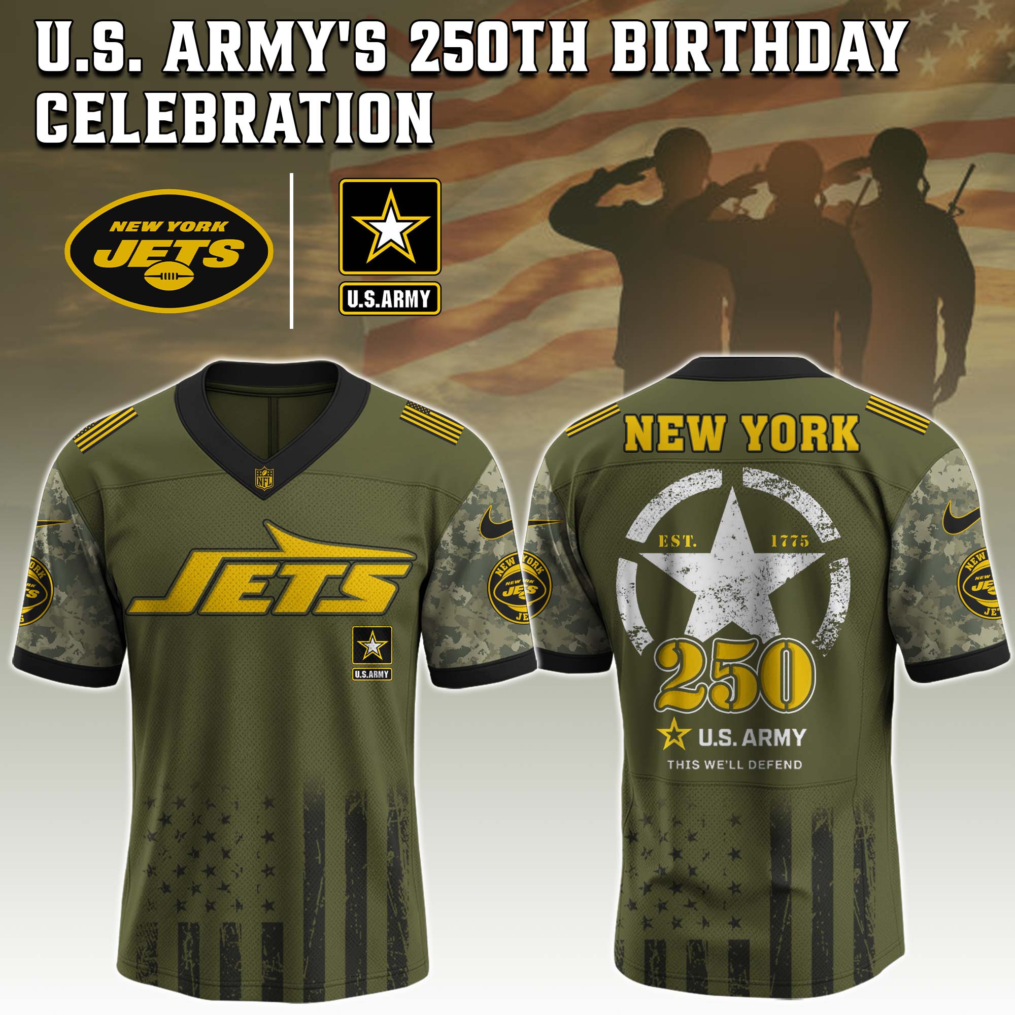 New York Jets NFL x U.S. Army 250th Birthday Celebration Jersey New York Jets NFL x U.S. Army 250th Birthday Celebration Jersey