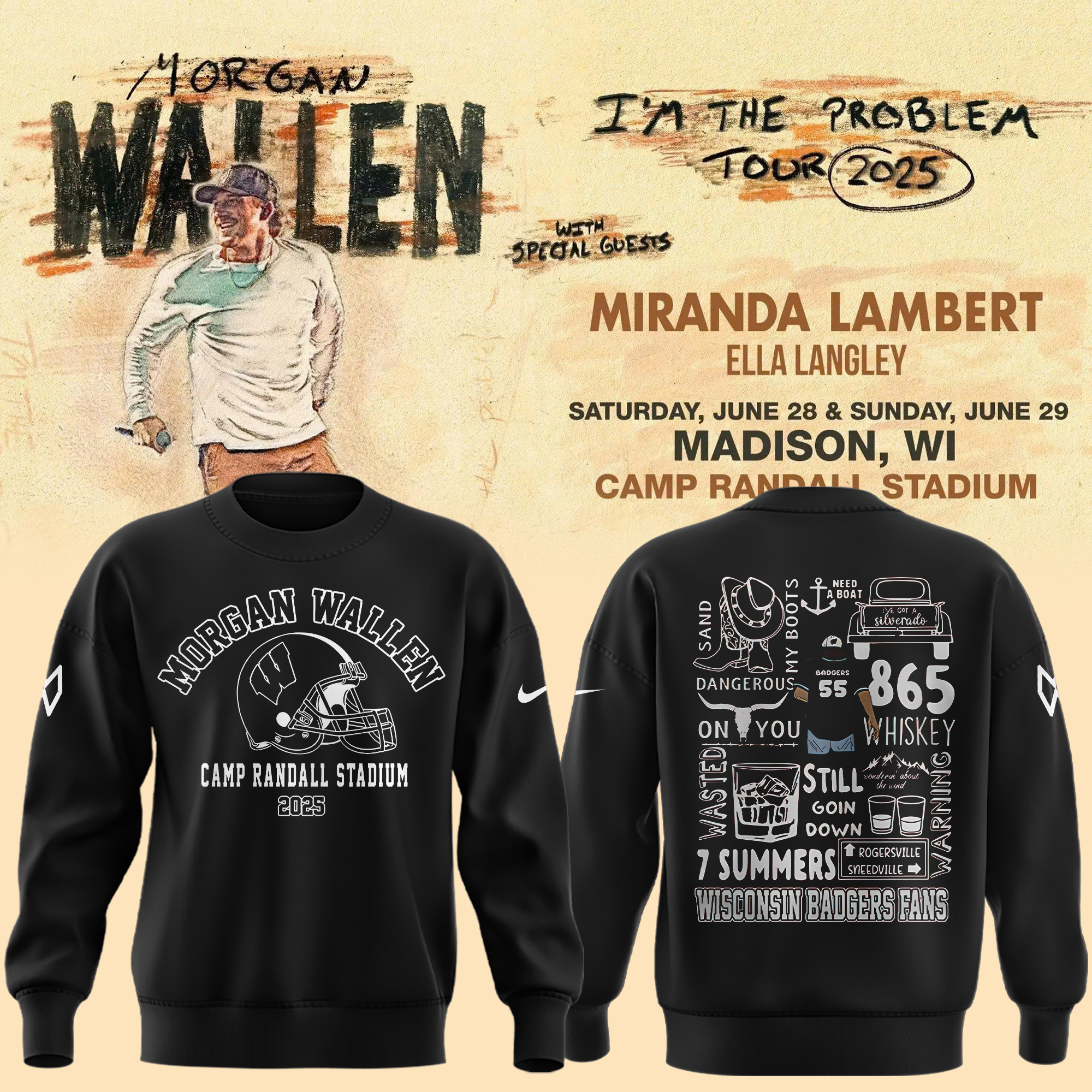 Wisconsin Badgers x Morgan Wallen "I'm the Problem Tour 2025" Special Black Sweatshirt Wisconsin Badgers x Morgan Wallen "I'm the Problem Tour 2025" Special Black Sweatshirt