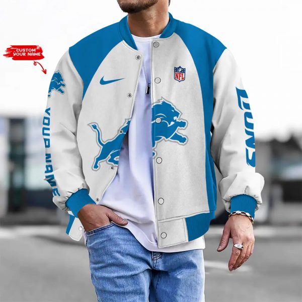 Nfl Detroit Lions Bomber Jacket Button Down Baseball Varsity