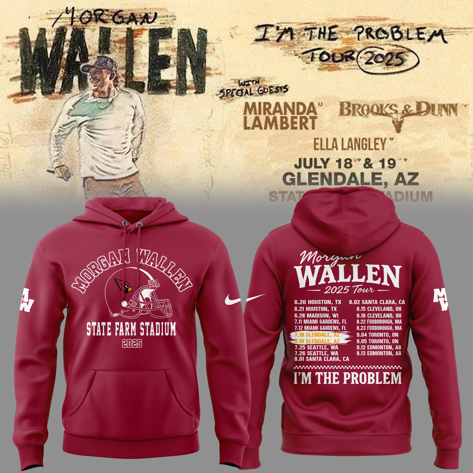 Morgan Wallen x Arizona Cardinals 2025 Tour State Farm Stadium Hoodie Morgan Wallen x Arizona Cardinals 2025 Tour State Farm Stadium Hoodie