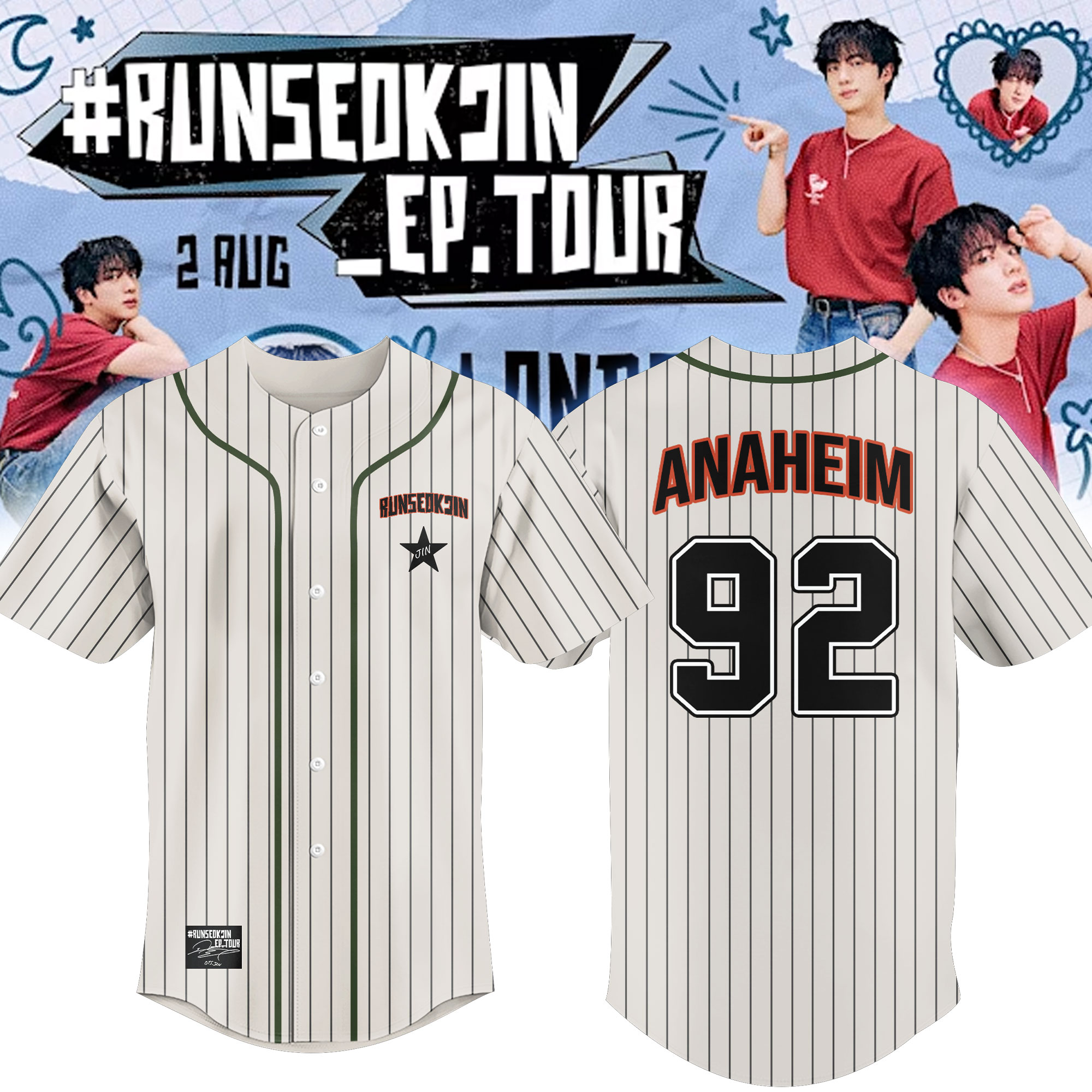 Jin BTS #RUNSEOKJIN_EP.TOUR x Anaheim 2025 Baseball Jersey Jin BTS #RUNSEOKJIN_EP.TOUR x Anaheim 2025 Baseball Jersey